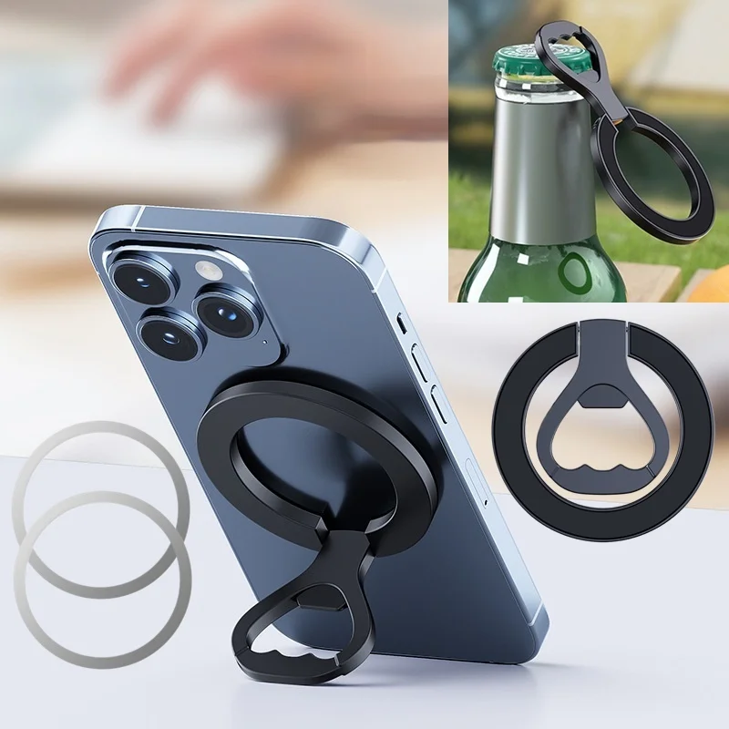 Soporte de anillo magnético de Metal portátil para teléfono de escritorio, abridor de botellas con soporte plegable 2 en 1 para Iphone 12 13 14 15 Pro Max Samsung Xiaomi - imagen 2