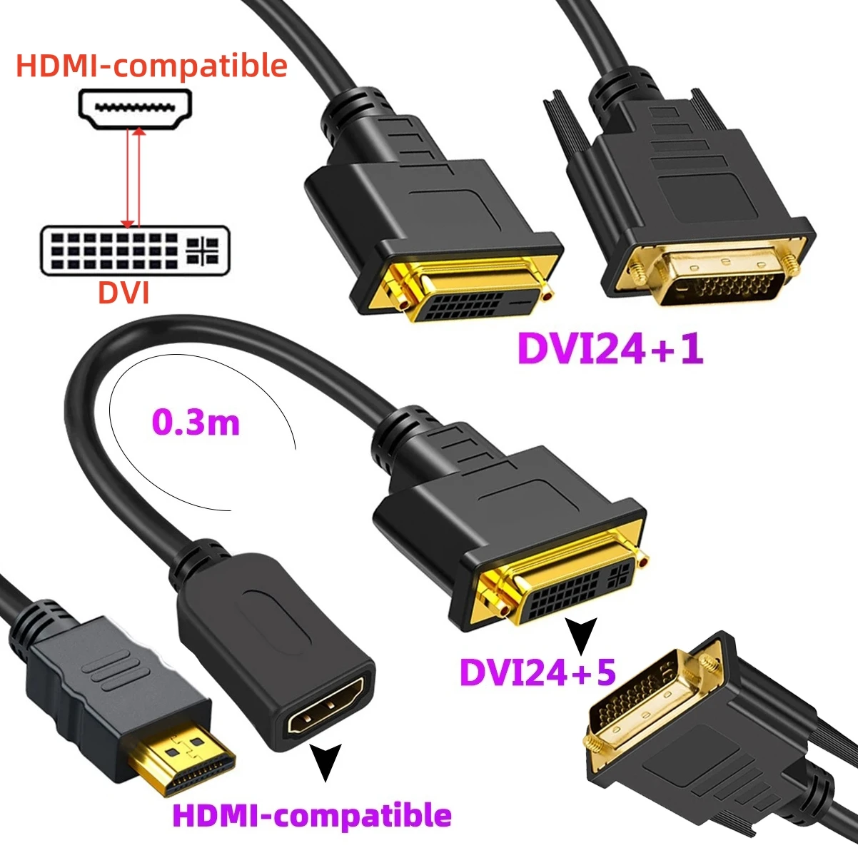 Adaptador HDMI a DVI de 1080P, Cable bidireccional DVI 24 + 24 + 5 pines a HDMI para Monitor de tarjeta gráfica de PC PS4