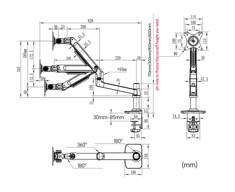 DL-8012II-600 17 "-38" monitor LCD soporte de montaje en pared soporte de TV aluminio 360 girar movimiento completo pivote doble brazo elástico 3-11kg - imagen 5