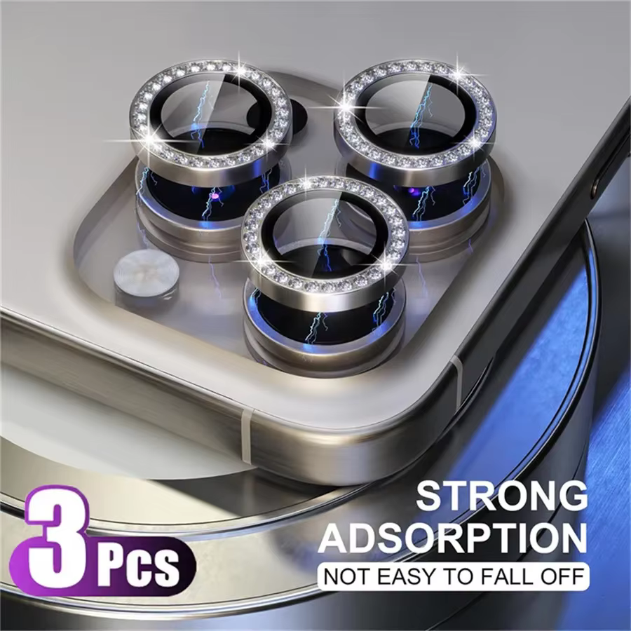 3-2 uds tapas de diamantes brillantes Protector de lente de Metal para IPhone 17 Pro Max 17Air 17Pro 16 15 14 Pro Max Protector de cámara película de vidrio - imagen 3