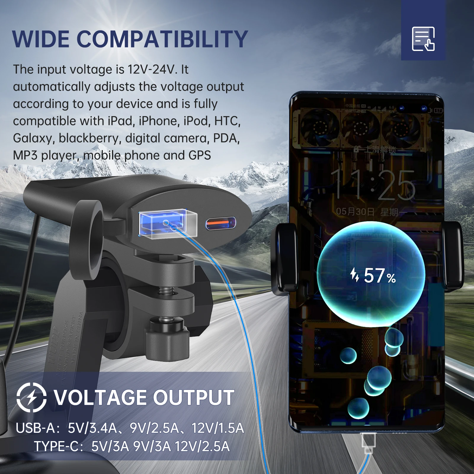 Cargador USB QC3.0 para motocicleta, cargador de USB-C de 30W, IP67, resistente al agua, GPS, soporte de montaje para manillar, cargador de teléfono para Moto - imagen 4