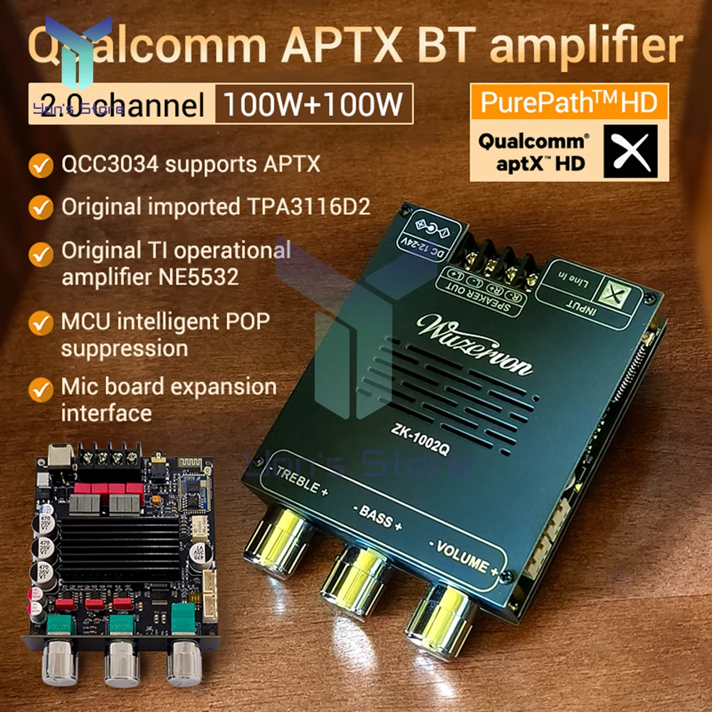ZK-1002Q QCC3034 + TPA3116 2X100W Placa amplificadora digital Bluetooth 2,0 canales APTX Módulo amplificador de audio sin pérdidas - imagen 3