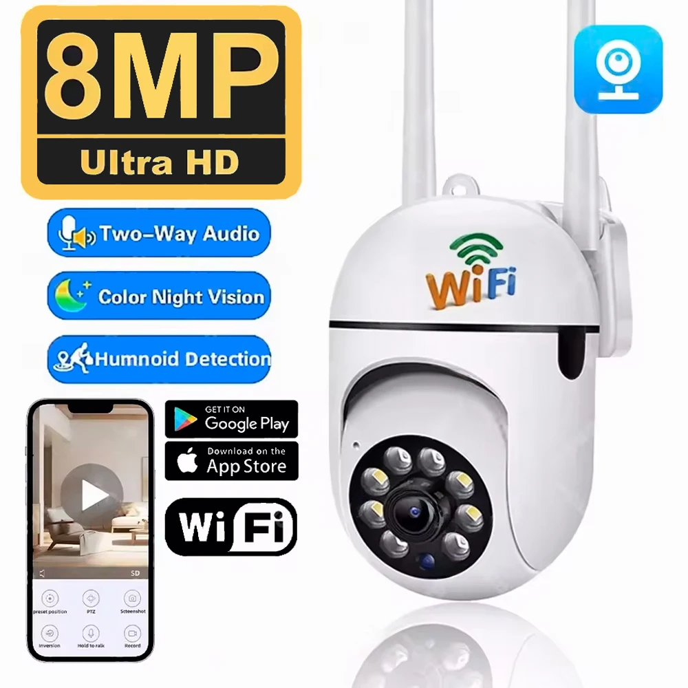 Cámara PTZ de vigilancia de seguridad inalámbrica IP, Wifi, 8MP, Zoom 8X, seguimiento de Audio bidireccional, cámara nocturna HD a Color
