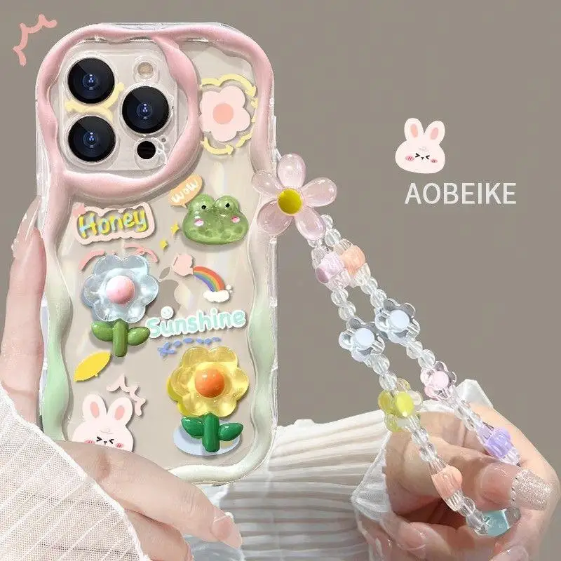 Funda con cordón de conejo 3D para Xiaomi, carcasa transparente con cadena de flores, estilo coreano, para modelos Poco F6 Pro, M6, X3, M3, X5, F4, X3GT, 12T Lite - imagen 2