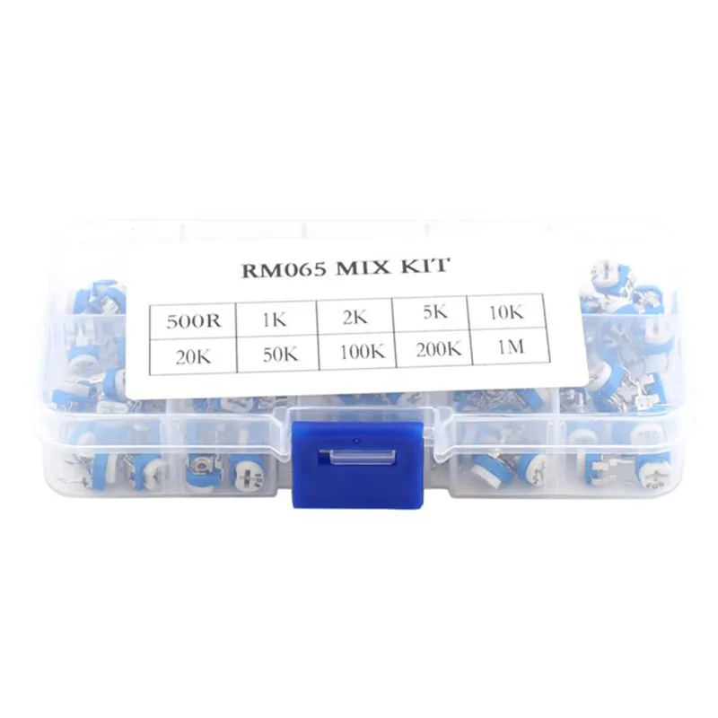 100 Uds Kit de resistencia ajustable azul blanco RM065 10 valores 500ohm-1M Ohm 6mm recortador resistencias variables - imagen 3