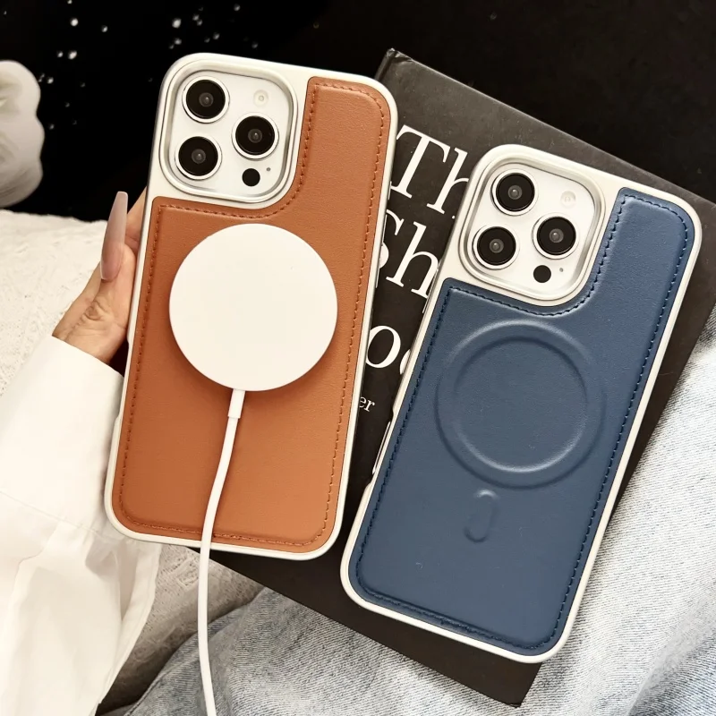 Funda de teléfono de cuero de alta calidad con revestimiento de lujo para iPhone 16 15 14 Plus 13 Pro Max Magsafe carga inalámbrica cubierta de parachoques a prueba de golpes - imagen 3