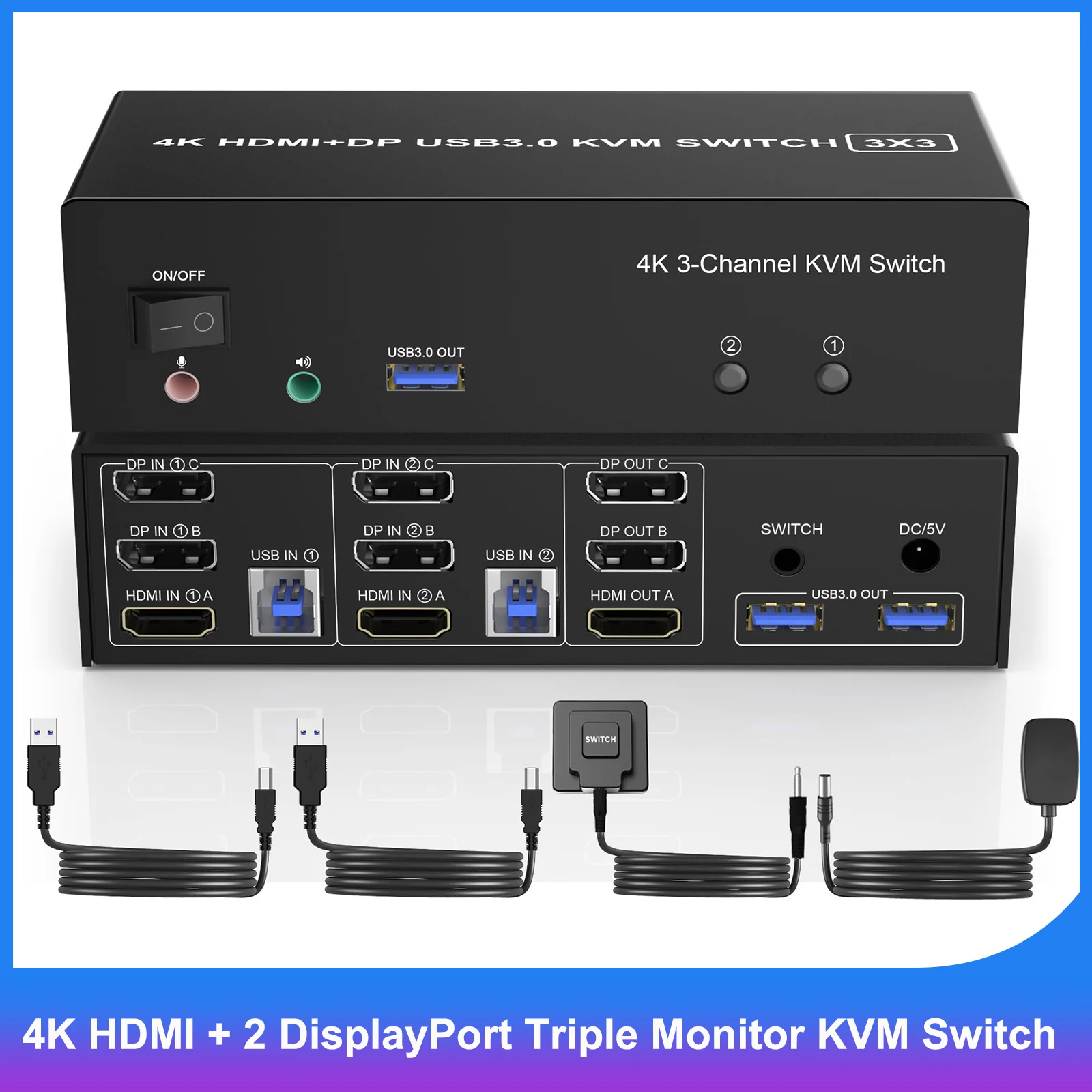 Interruptor de Triple Monitor para 2 ordenadores, dispositivo 4K @ 60Hz KVM con micrófono de Audio, HDMI Displayport + 2 USB 3,0 KVM, 3 monitores