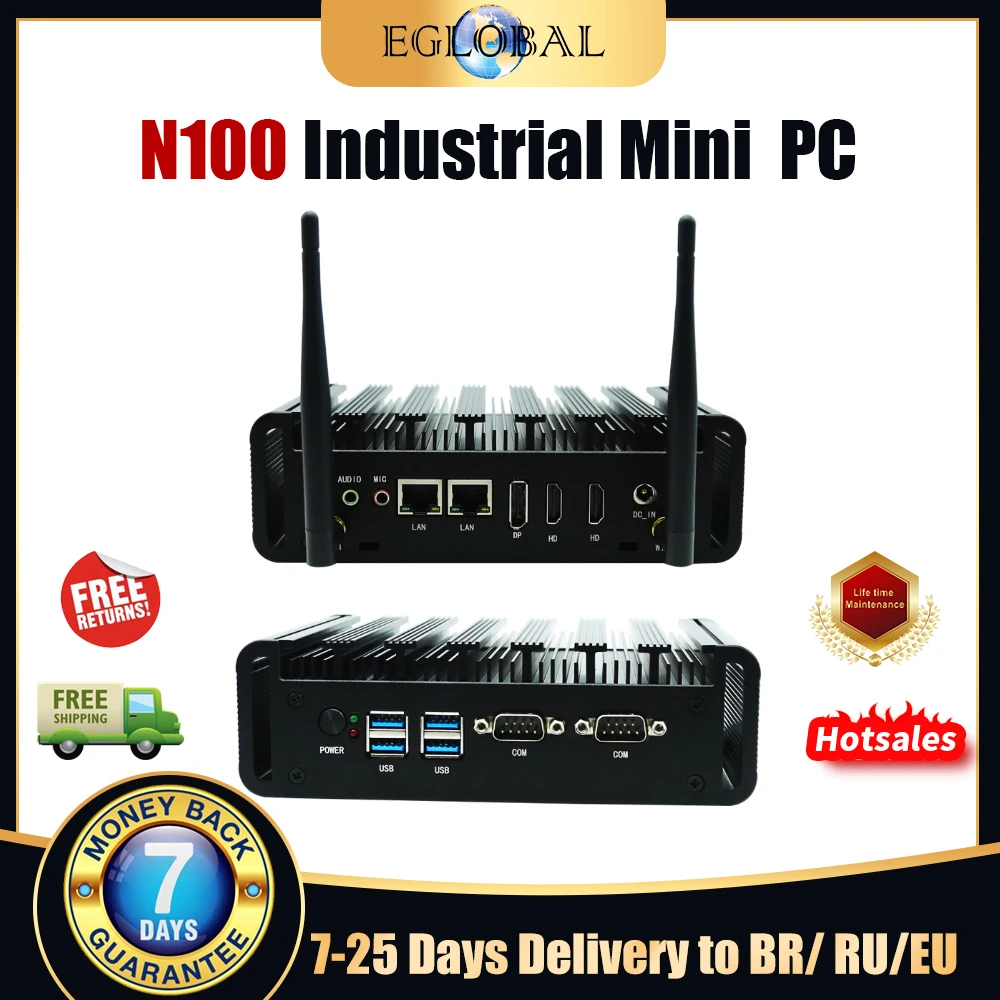 Eglobal-Mini PC Industrial sin ventilador, computadora N100 de 12. ª generación, Win10, Win11, 16G, DDR4, 512G, SSD, Wifi 2, RJ45, Lan 2, RS232, Com, HDMI, VGA, DP - imagen 2