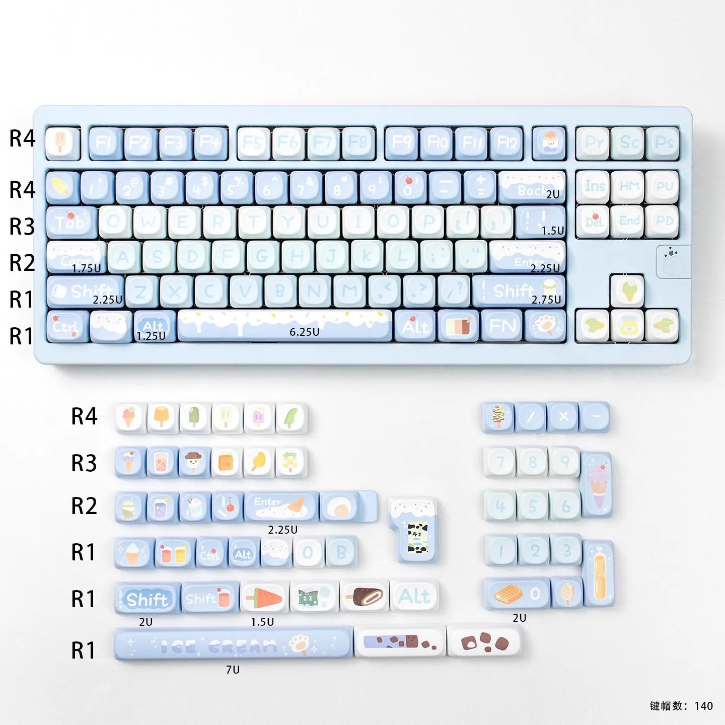 140 teclas MOA Keycaps helado azul PBT tinte sublimación cereza altura para teclado mecánico AULA F75 Ajazz Ak820 Pro juego PC