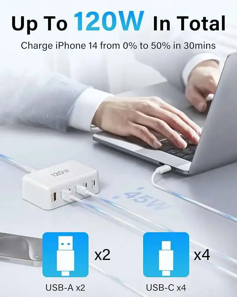Estación de carga móvil GaN de 120W, cargador de pared USB C de 6 puertos para adaptador de corriente de 45w/20W, adecuado para cargar teléfonos móviles - imagen 5
