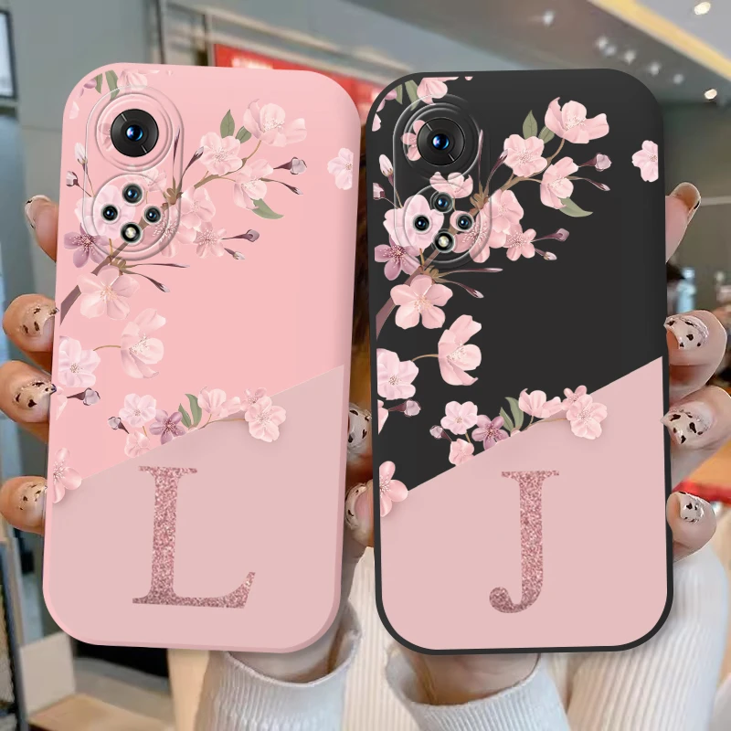 Funda de silicona con letra inicial para Huawei Nova 9 Honor 50 Shell Retro Rosa flor suave TPU contraportada para Honor 50 Nova9 Capa