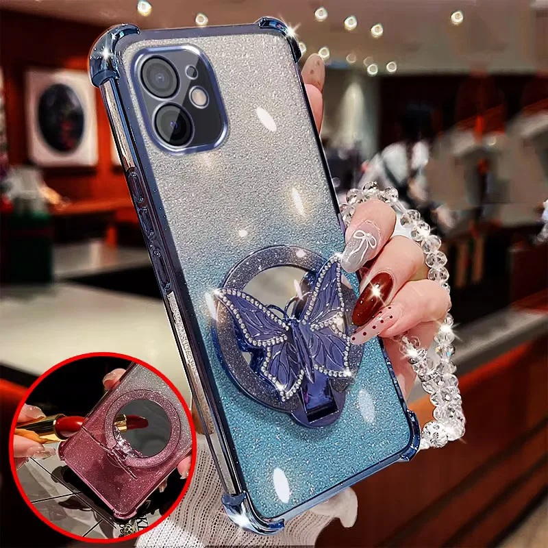 Funda de teléfono con purpurina y pulsera plegable con mariposa y espejo para iPhone 17 Air 16 15 14 13 12 11 Pro Max 16 Plus 16E, funda a prueba de golpes - imagen 3