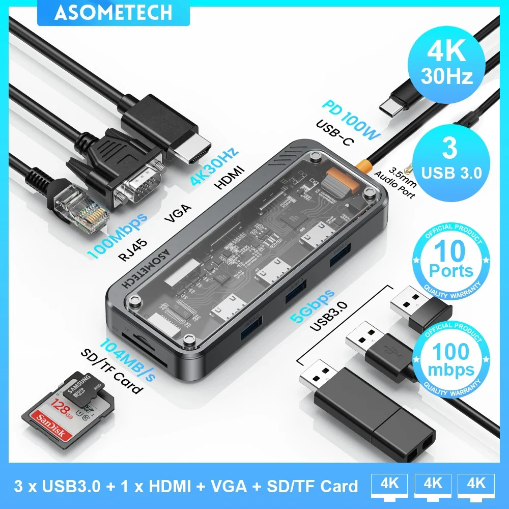 Estación de acoplamiento tipo C 10 en 1 HUB a 4K60Hz Compatible con HDMI 3 USB 3,0 adaptador RJ45 VGA PD 100W carga para Macbook Pro Laptop