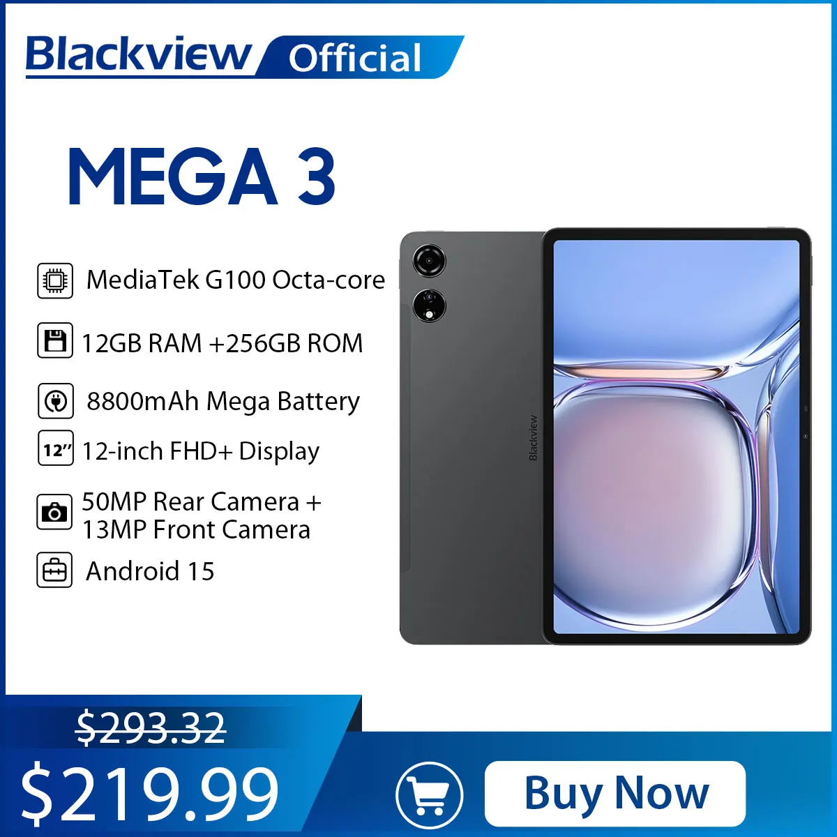 Blackview MEGA 3 Tablet PC 12,1 "2,5 K FHD + pantalla MTK G100 Octa core 12GB 256GB 8800mAh 50MP cámara 33W cargador Android 15 Pad - imagen 2