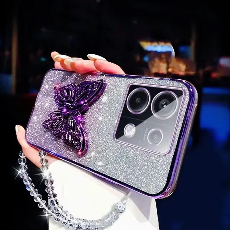 Fashion Butterfly Phone Holder Crystal Bracelet Glitter Plating Case for Xiaomi Redmi 14C Poco C75 C71 F7 Pro Bracket Back Cover - imagen 5