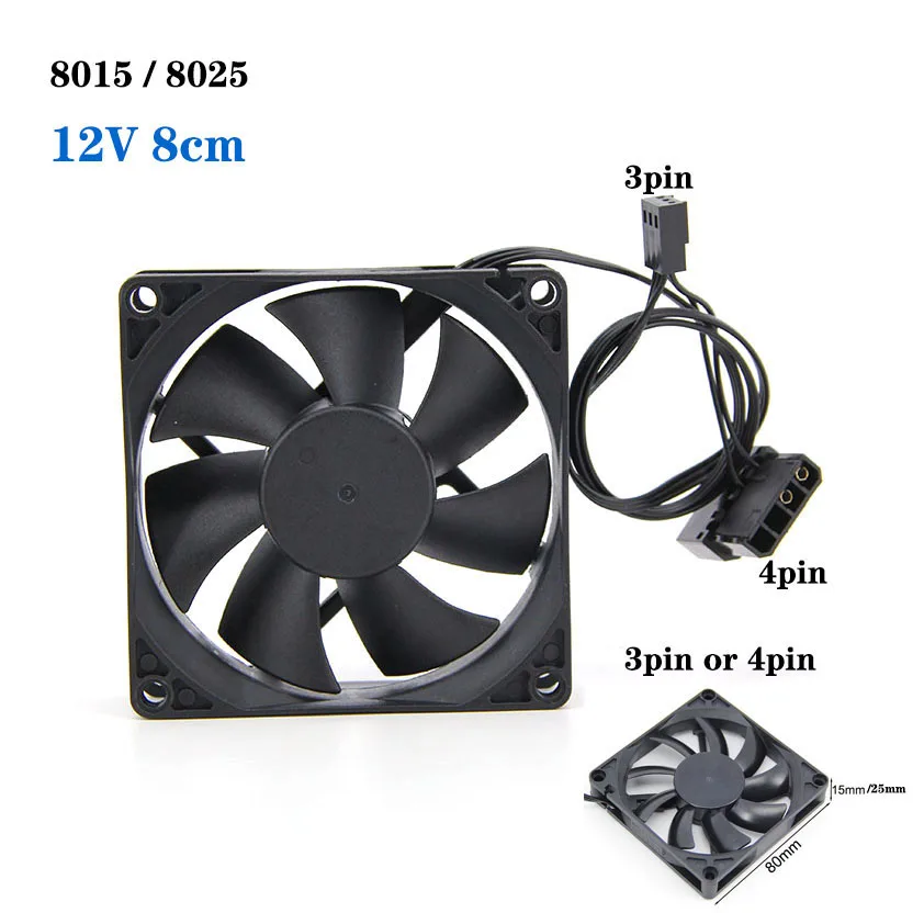 80mm 8cm 8025 DC 12v ventilador de refrigeración de ordenador sin escobillas grande de 4 pines o 3 pines ventiladores de PC para carcasa GPU CPU radiador enfriador 80x80x25mm - imagen 2