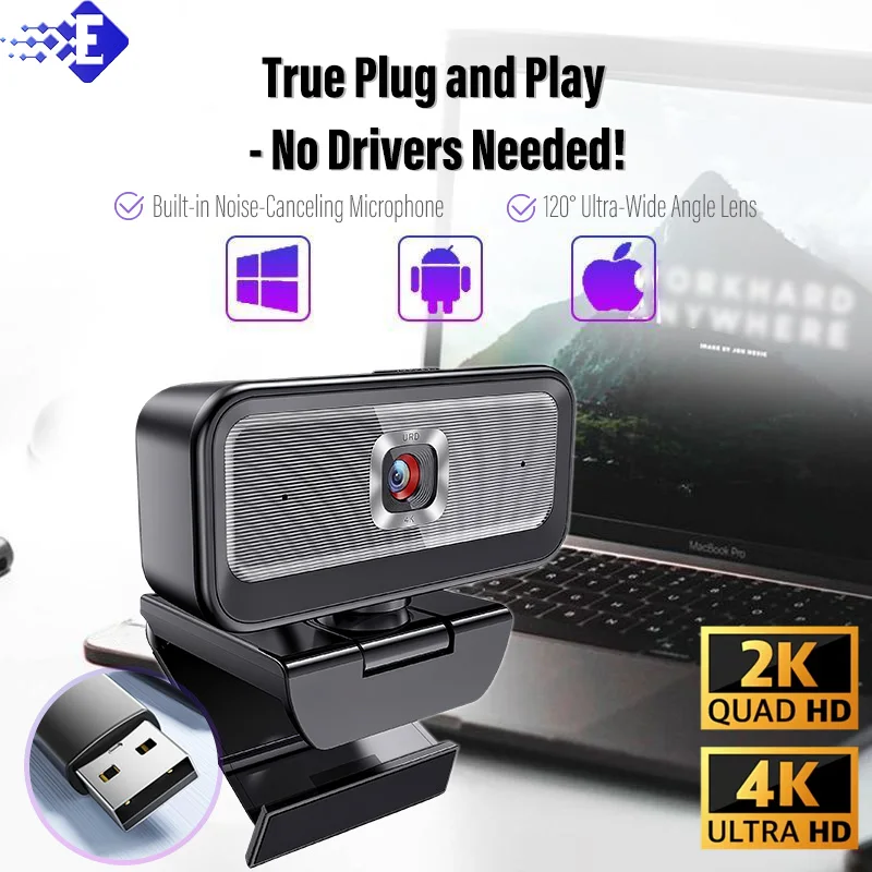 Cámara Web 2K Full HD 4K, enfoque automático con micrófono, cámara Web USB para PC, ordenador, Mac, portátil, escritorio, YouTube
