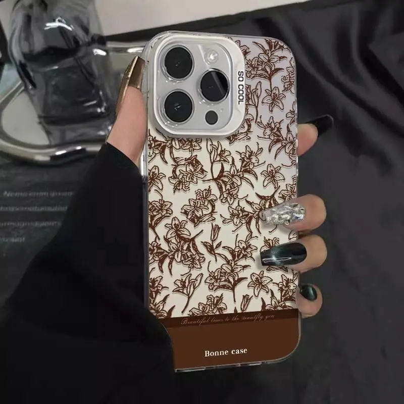 Funda de teléfono con patrón de pequeña flor y boceto marrón para iPhone 17 16 15 14 Plus 13 12 11 16E Pro Max 17 Air X XR XS, funda trasera dura - imagen 2
