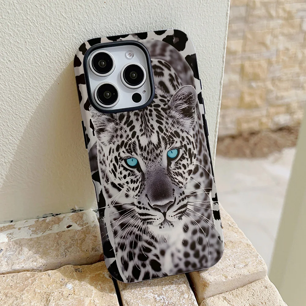Funda de teléfono con estampado de leopardo y nieve para iPhone 16, 15, 14, 13, 12, 11 Pro Max Plus, funda trasera magnética de lujo de doble capa