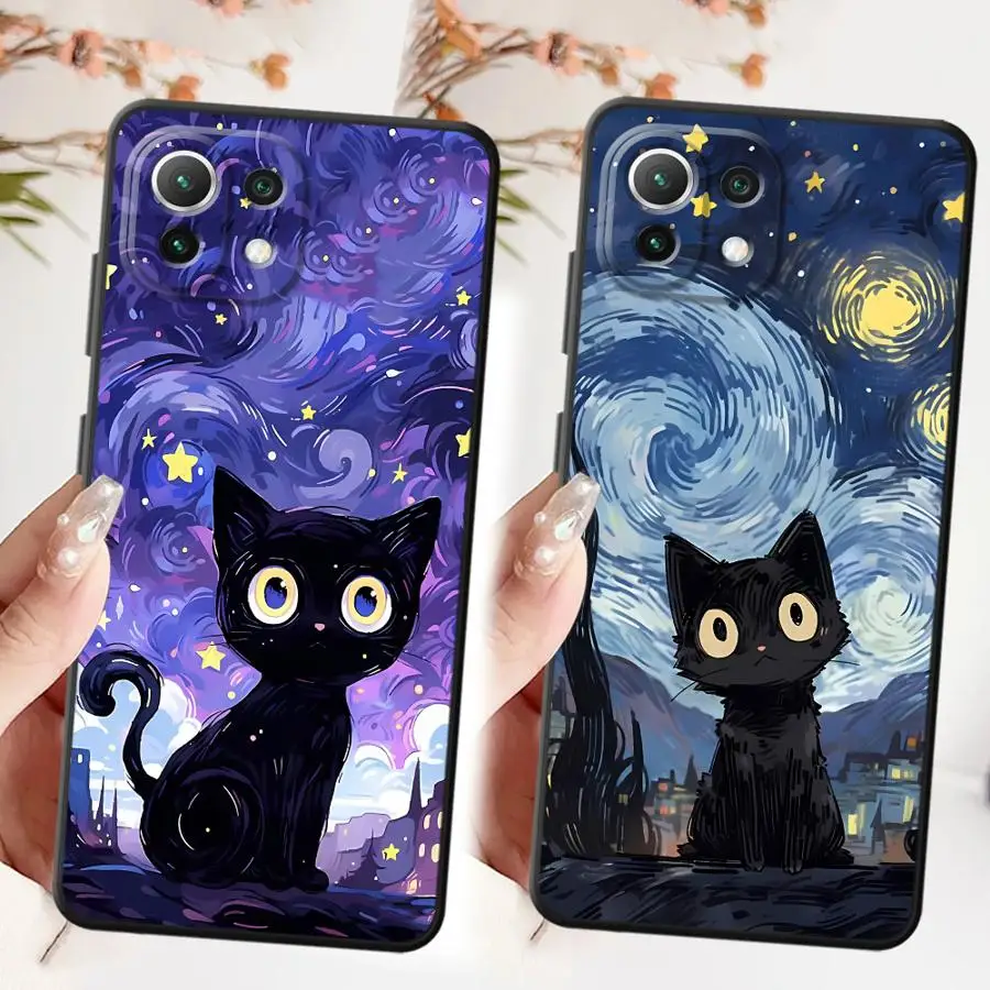 Funda de gato cielo estrellado para Xiaomi Mi 11 12 13 Lite 10T 11T 12T Pro 13 14 15 Pro 12X funda de teléfono suave negra