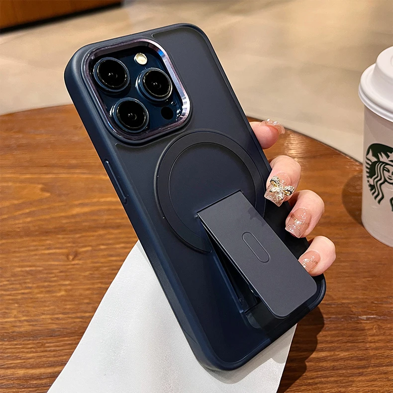Funda de armadura mate magnética con soporte plegable de lujo para iPhone, funda protectora de carga inalámbrica Magsafe, 16, 15, 14 Plus, 13, 12, 11 Pro Max - imagen 5