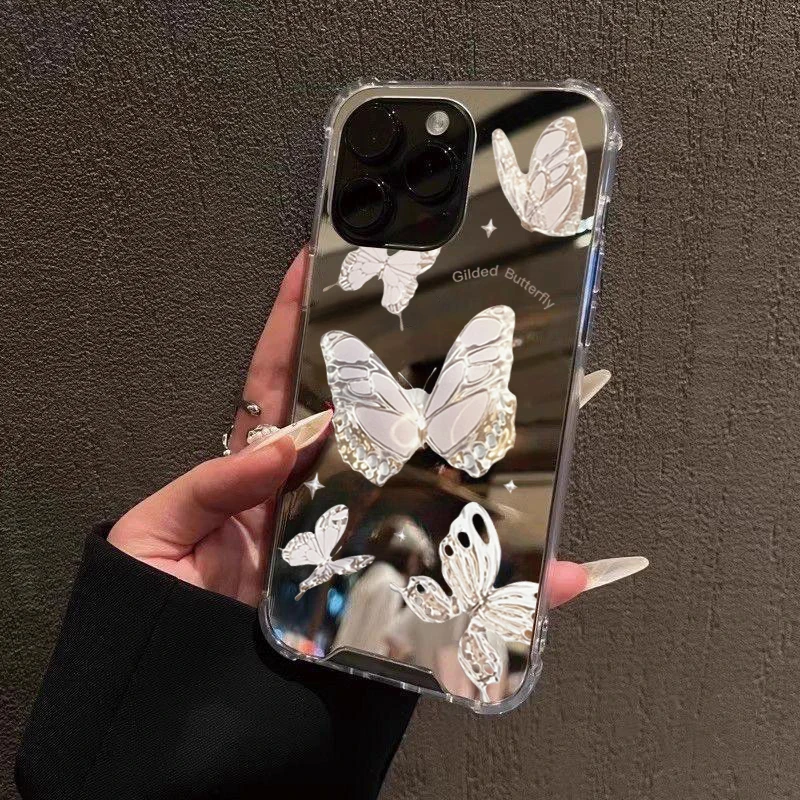 Funda de teléfono con espejo de mariposa rosa para iPhone 16 15 14 13 12 11 Pro Max XS X XR 7 8 Plus SE espejo de maquillaje cubierta suave a prueba de golpes - imagen 3