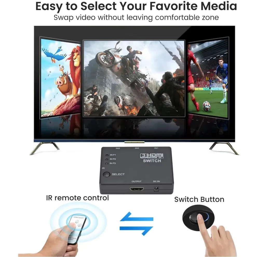 Conmutador 3 en 1 salida Compatible con HDMI con Control remoto 1080P, conmutador HDMI de 3 puertos, adaptador Hub 3x1 para proyector de DVD HDTV XBOX360 - imagen 3