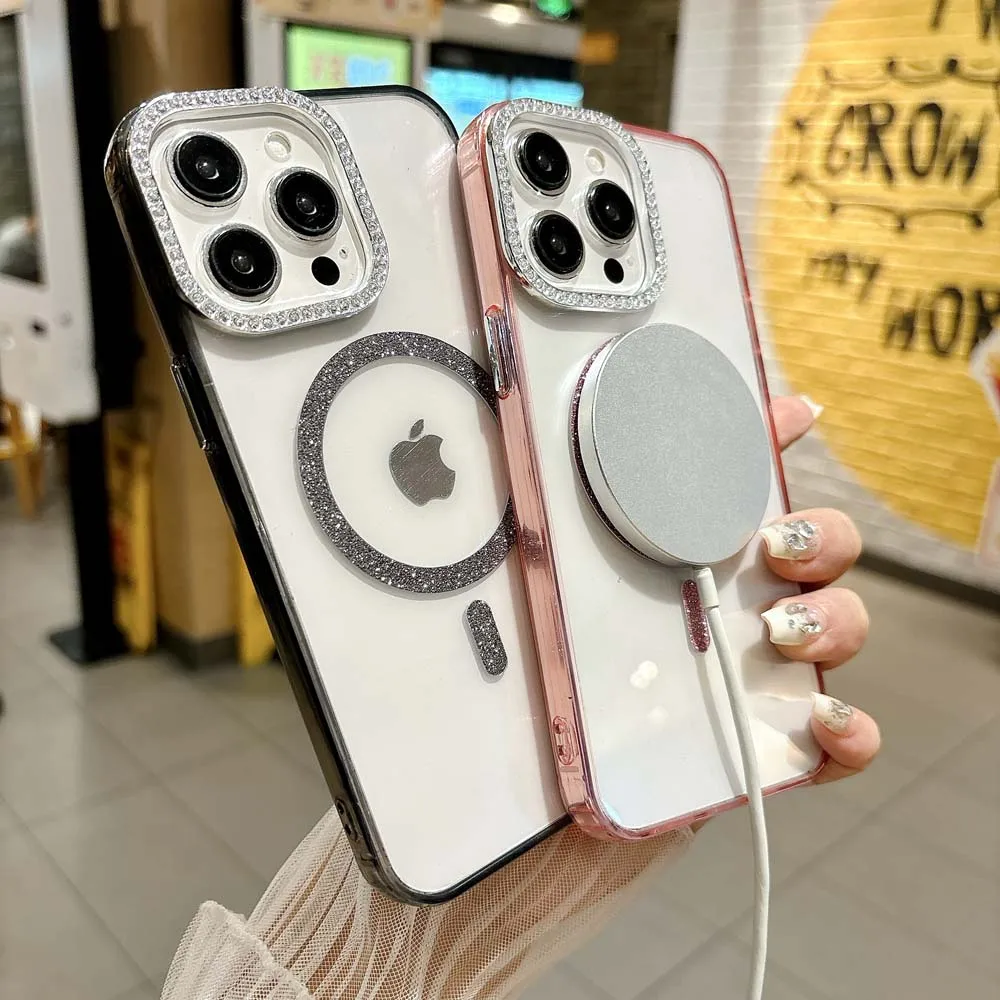 Magsafe-funda de teléfono transparente para iPhone, carcasa suave magnética a prueba de golpes, con purpurina acrílica y carga inalámbrica, para modelos 16, 15, 14, 13 Pro Max Plus - imagen 2