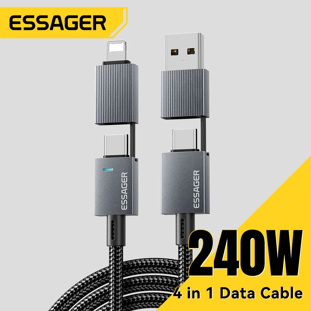 Essager Cable de carga rápida 4 en 1 de 240W para iPhone17 16 15 Pro Max Macbook iPad Xiaomi Samsung Macbook Cable USB tipo C a USB C