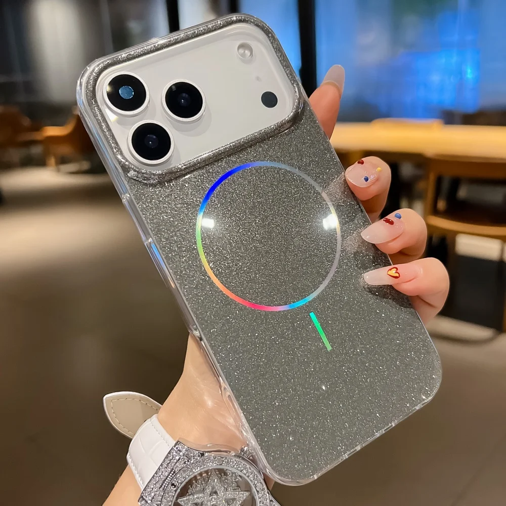 Funda de teléfono Magsafe con purpurina láser de lujo para iPhone 17 Air 16 15 14 Plus 13 Pro Max, cubierta de cristal brillante a prueba de golpes - imagen 5