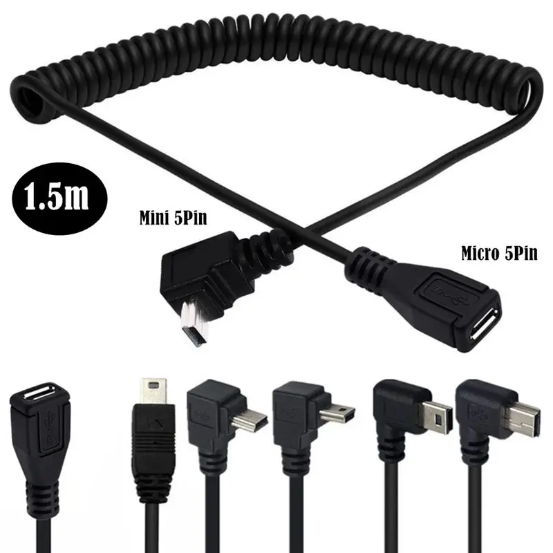 Cable de expansión de resorte de 1,5 m USB 2,0 Micro USB 5 pines hembra a Mini USB 5 pines macho Cable adaptador de datos de carga