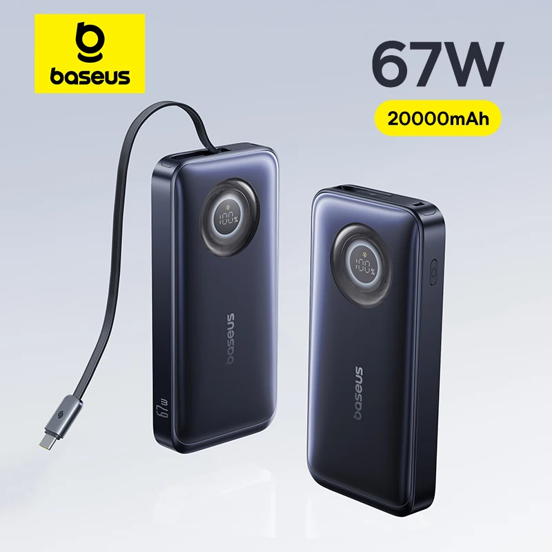 Baseus 67W 20000mAh banco de energía Cable de USB-C retráctil incorporado 45W 10000mAh banco de energía PD cargador de batería externo PowerBank