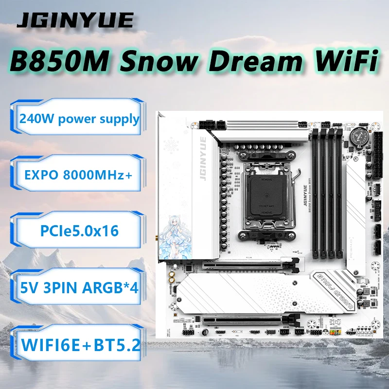Placa base JGINYUE B850M Snow Dream WiFi AM5 para AMD Ryzen 5 9600X AMD Ryzen 7 9700X/7800X3D escritorio DDR5 RAM PCIe5.0x16 BT5.2 - imagen 2