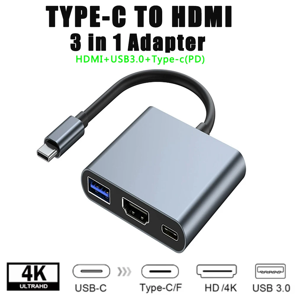 FDBRO-Hub Usb-C 3 en 1 a HDMI, concentrador divisor 4k compatible con 3,1 tipo C a Usb 3,0, adaptador de carga para Macbook Air Converter - imagen 2
