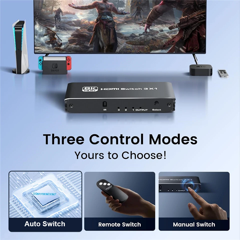 Navceker-conmutador HDMI 2,1, 8K, 60Hz, 4K120Hz, compatible con HDMI, salida 3 en 1, convertidor de Control remoto para monitores Xbox PS5 - imagen 5