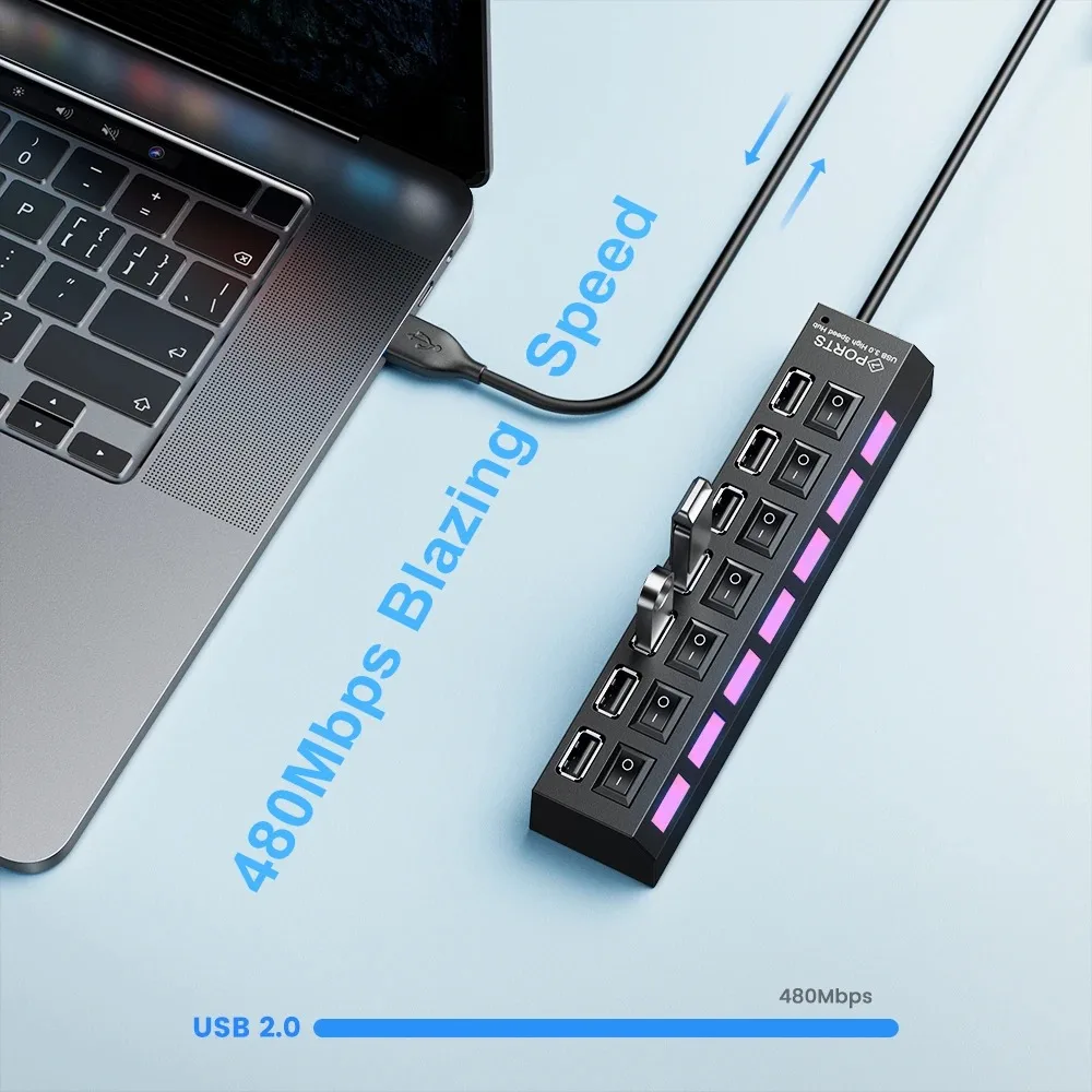 Divisor USB 7 en 1 con interruptor de encendido/apagado USB 2,0 480Mbps estación de acoplamiento USB de transmisión de alta velocidad para ordenador portátil Macbook - imagen 4