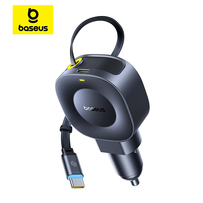 Cargador de coche Baseus de 45W, cargador de teléfono de coche de carga rápida Dual, Cable retráctil incorporado para tableta, Samsung, iPhone, Xiaomi, HUAWEI