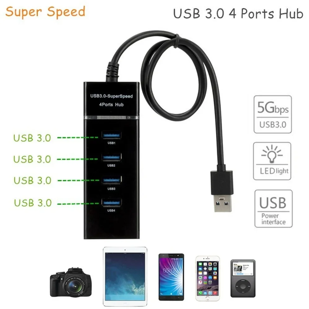 Adaptador expansor USB HUB 3,0 de 4 puertos de alta velocidad, divisor Multi USB, extensor múltiple con adaptador de corriente de lámpara LED para PC y portátil - imagen 2