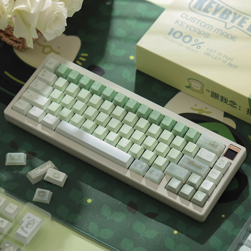 Juego de teclas con tema Matcha Cat Green, perfil de cereza PBT + PC, sublimación en caliente de cinco lados, teclas personalizadas para regalo de teclado mecánico - imagen 5