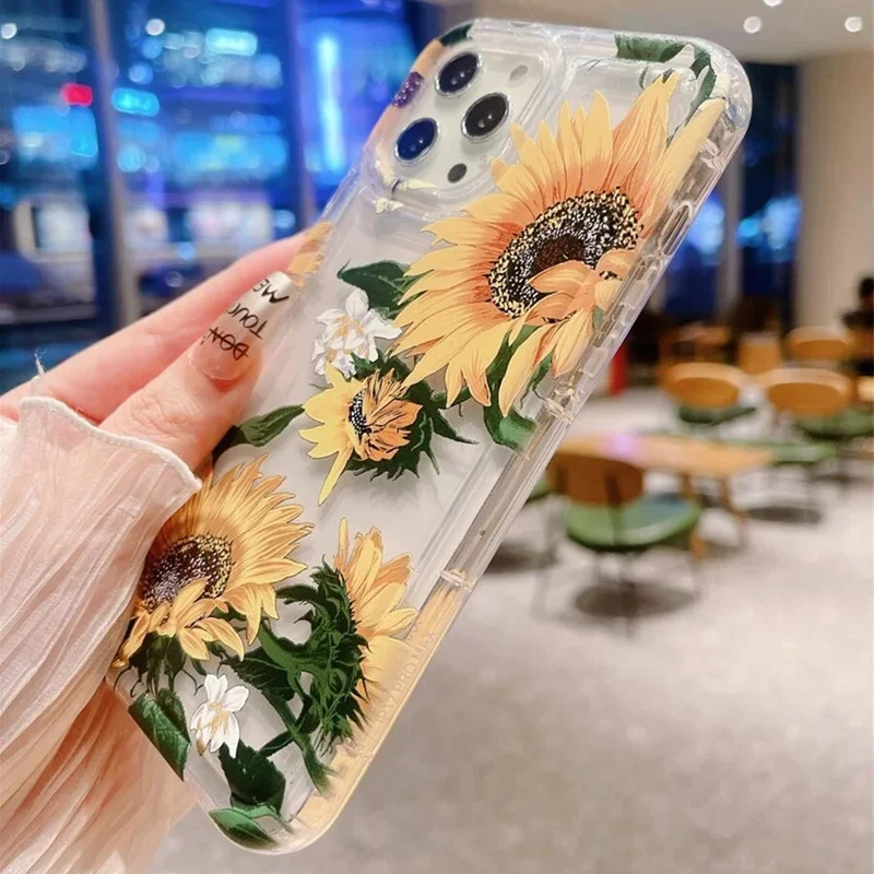 Funda de teléfono transparente pintada con flores y girasoles para iPhone 14 11 15 Pro Max 12 13 XR X XS SE 2022 7 8 Plus, funda de Airbag - imagen 4