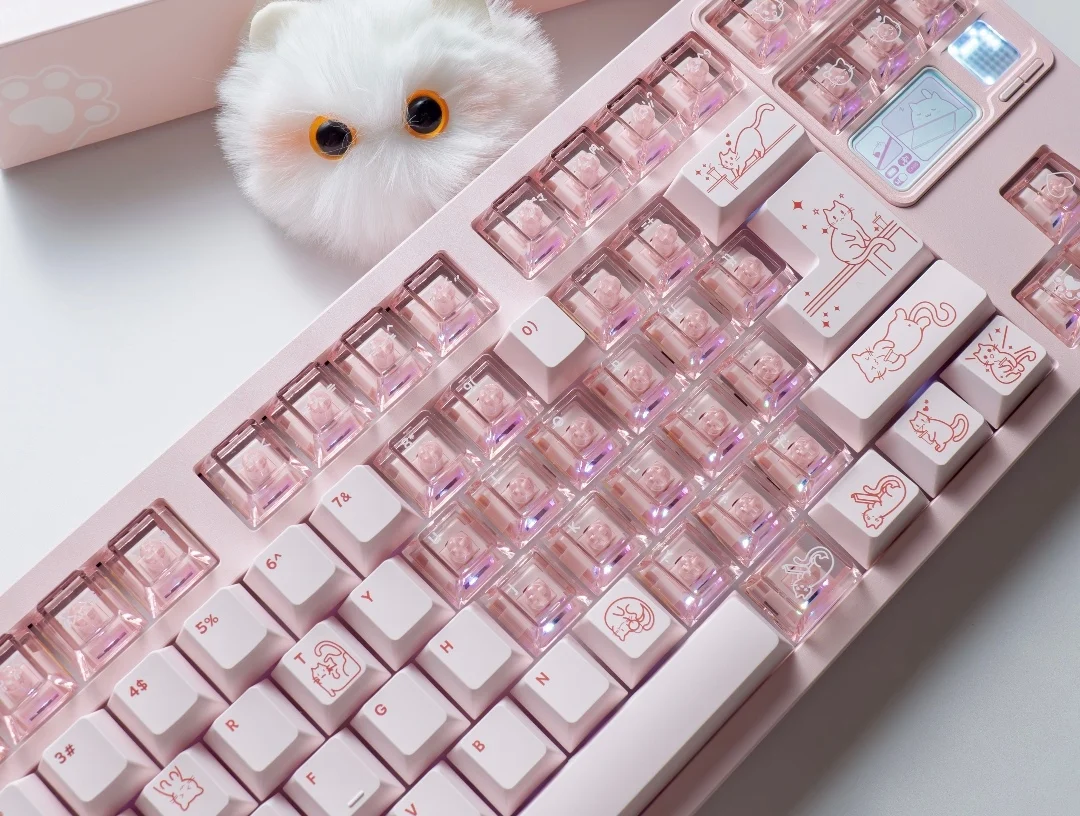 Juego de teclas rosas con tema de salsa de gato, tapas de teclado de PC PBT, teclas transparentes con perfil de cereza para accesorios de teclado mecánico - imagen 2