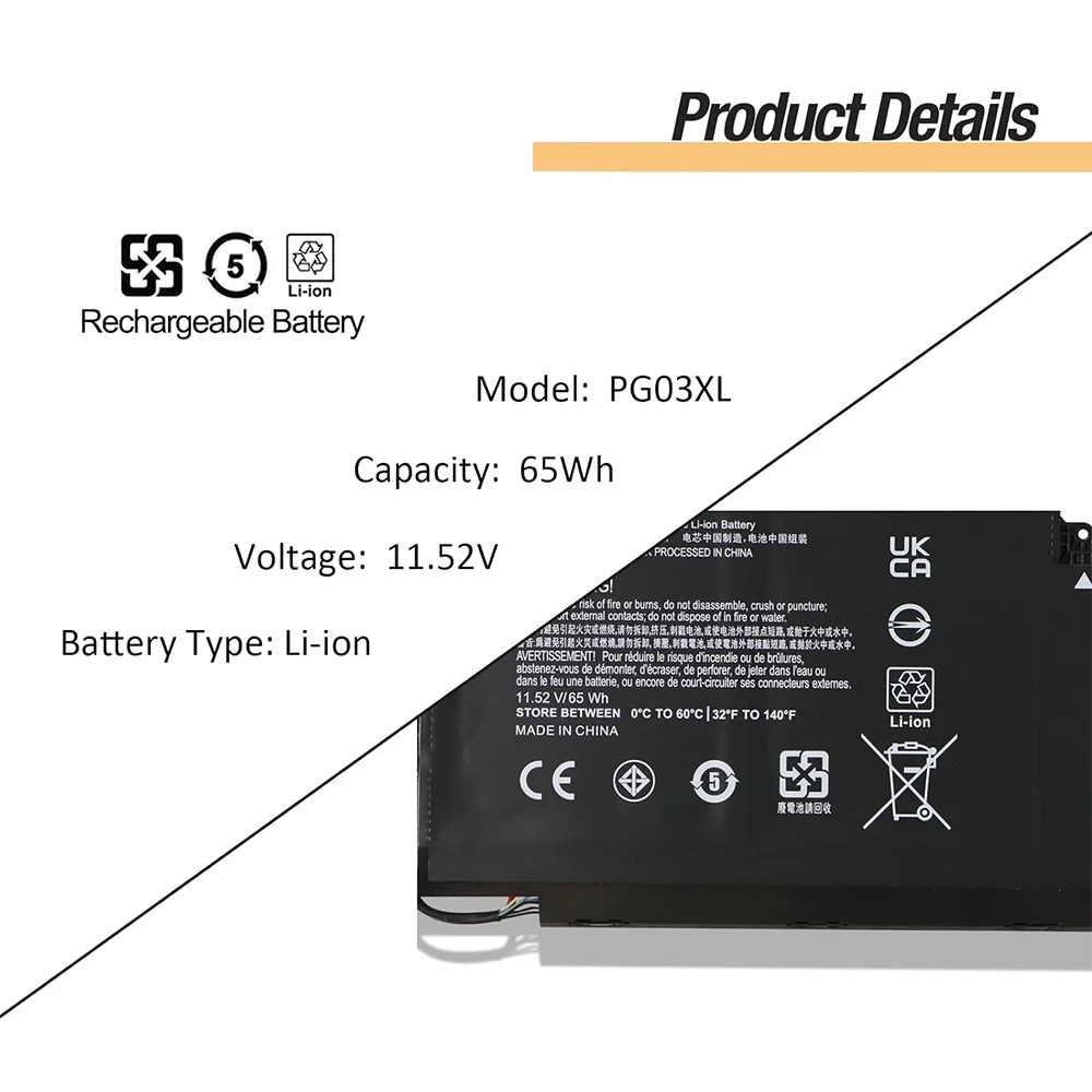 Batería de ordenador portátil, 65Wh, PG03XL, para HP Spectre X360 15-AP0000 15T-AP000 Series 15-AP011DX 15-AP001NF 15-AP002NG 15-AP018CA 831758-005 - imagen 3