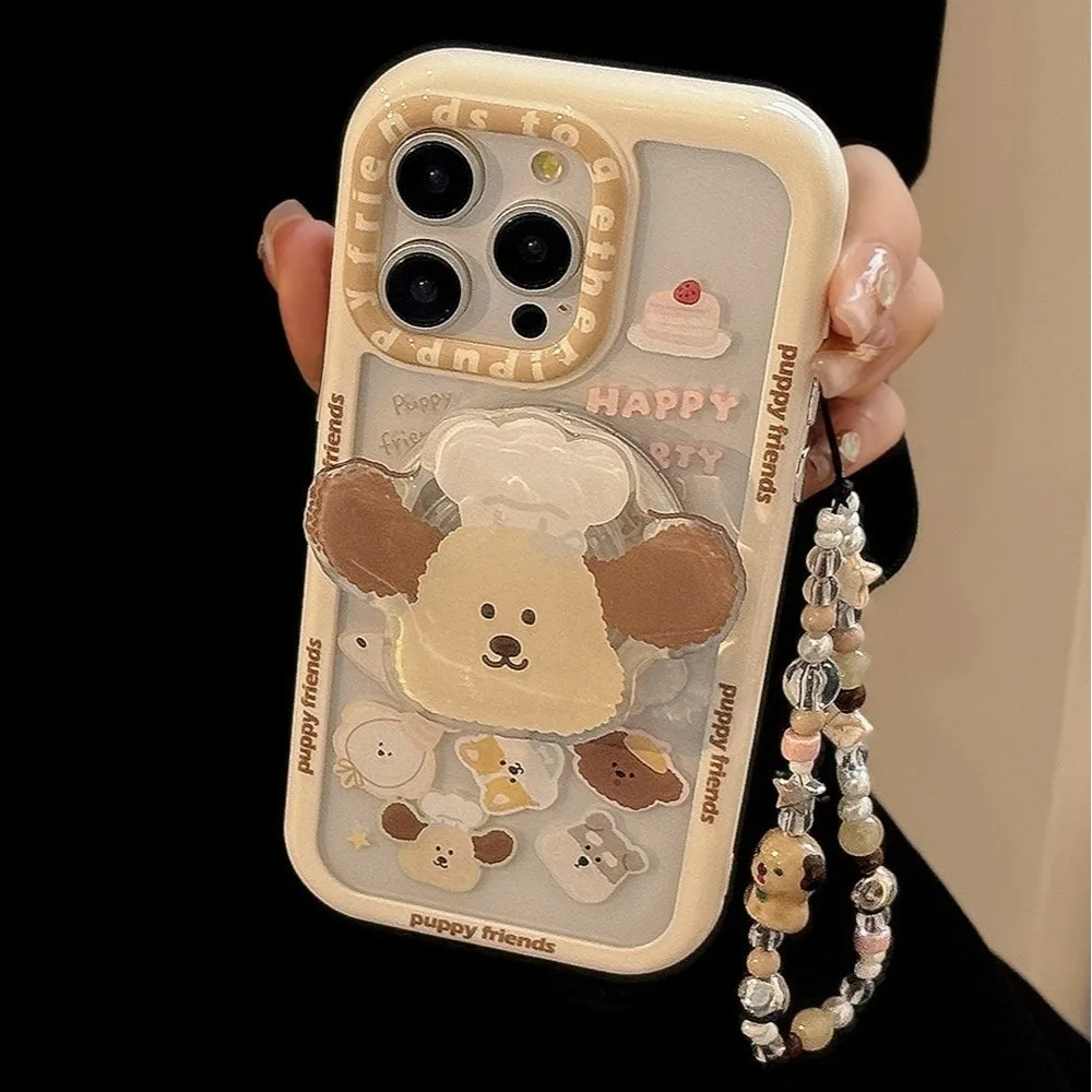 Funda de teléfono con bonito cachorro y perro, con correa de cuentas y soporte magnético para iPhone 16 Pro Max Plus 15 14 13 12 11, funda de dibujos animados para niñas - imagen 3