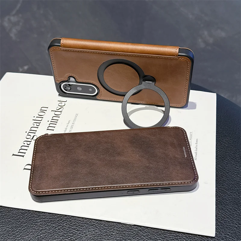 Funda con tapa tipo billetera de cuero PU para Samsung Galaxy A56 A36 A26 A16 A55 A35 A15 A17, funda con soporte de anillo giratorio Magsafe 360 magnético - imagen 3