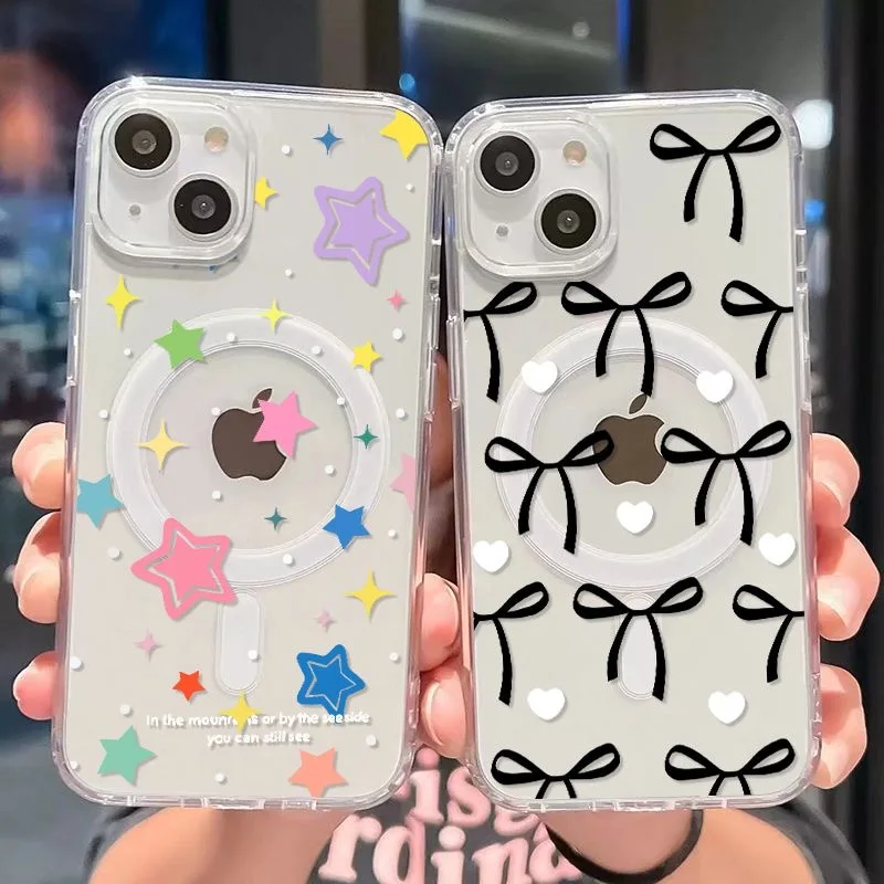 Funda de teléfono magnética Magsafe con pajarita de estrellas coreanas para Samsung Galaxy S25 S24 S23 S22 S21 S20 FE Plus Ultra 5G TPU transparente suave