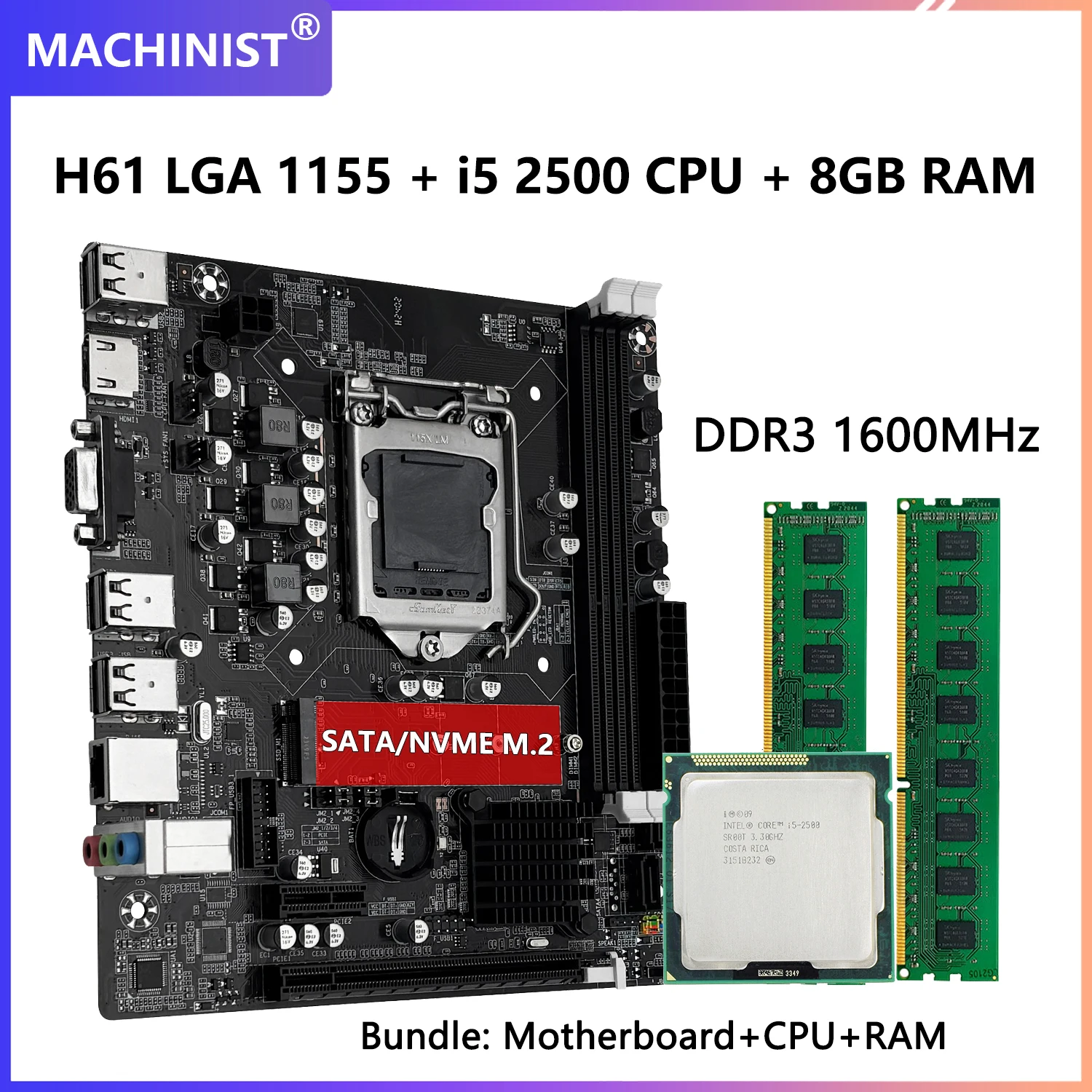 Placa base MACHINIST H61 DDR3 8GB(2*4GB) memoria RAM de 1600MHz con procesador Intel Core i5 2500 CPU y Kit LGA 1155 Se4