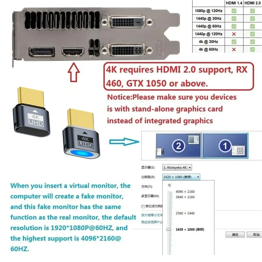 Monitor Virtual 4K HDR, emulador EDID, enchufe simulado compatible con HDMI, adaptador de pantalla fantasma sin cabeza, compatible con hasta 4k @ 60Hz 1080 @ 120Hz - imagen 3