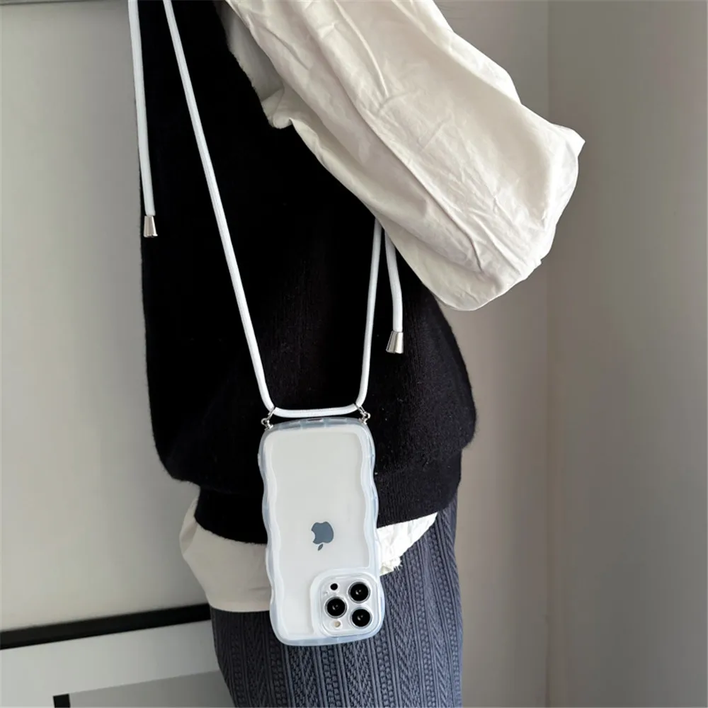 Lujosa funda de teléfono con correa, carcasa de silicona transparente con cordón y cadena de onda rizada para Samsung S22 Ultra S21FE S20FE S20 S21 Plus - imagen 2