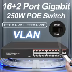 Conmutador Gigabit POE de 18 puertos, conmutador de red Ethernet no gestionado, 16 POE + 2 puertos SFP, Uplink, 250W, IEEE 802.3af/at con VLAN