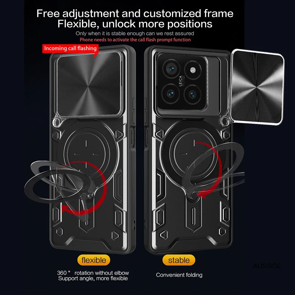 Funda de cámara deslizante para Xiaomi 14T Pro, Funda de armadura con lente deslizante, soporte de anillo magnético, Funda de teléfono para Xiaomi Mi 14T Capa - imagen 3